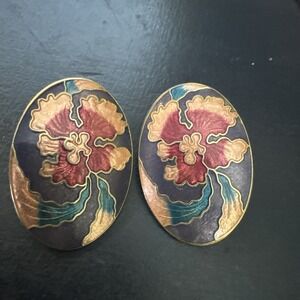 Cloisonné Vintage Enamel Orchid Earrings 1.25" Purple Pink Multi Color Flowers
